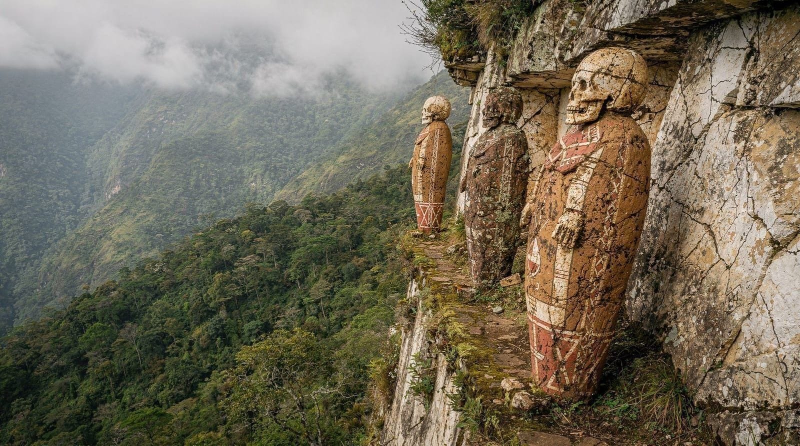 Karajía sarcophagi guide — Visit the Karajía sarcophagi, towering Chachapoya clay figures on a cliff ledge 